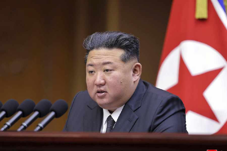 Kim Jong Un speaks during a parliament session in Pyongyang.