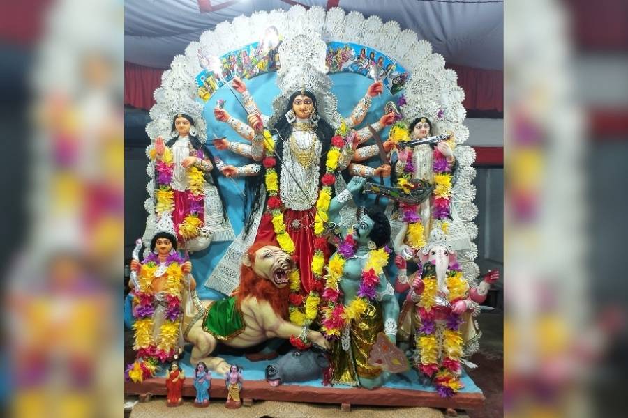 Unlike conventional idols, Saraswati and Ganesh sit on Durga’s right and to her left Lakshmi and Kartik