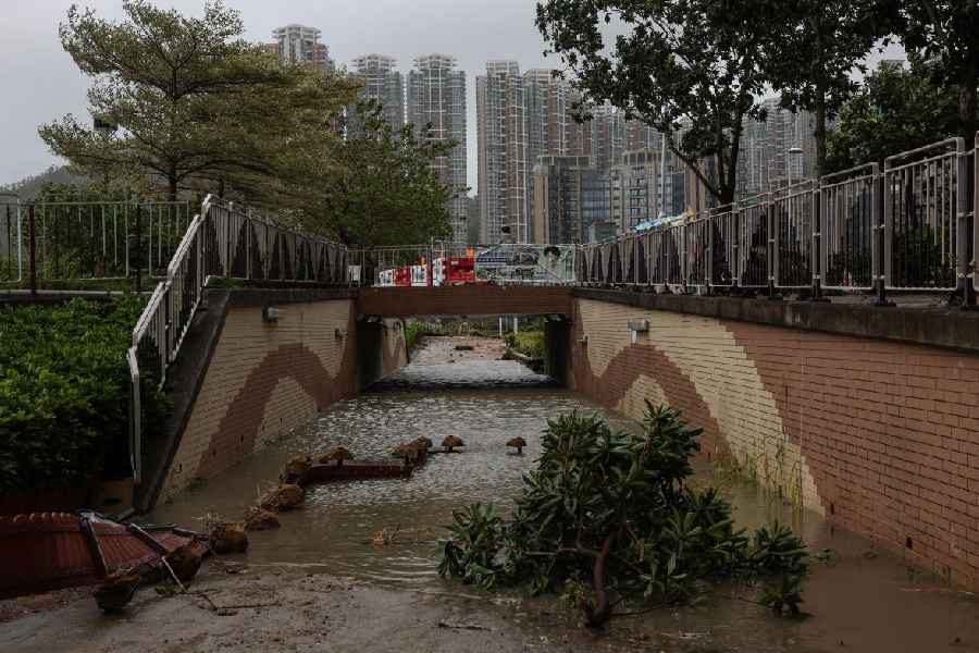 Floodwater inundates a bicycle tunnel in the aftermath of Super Typhoon Ragasa in Hong Kong, China, September 24, 2025.