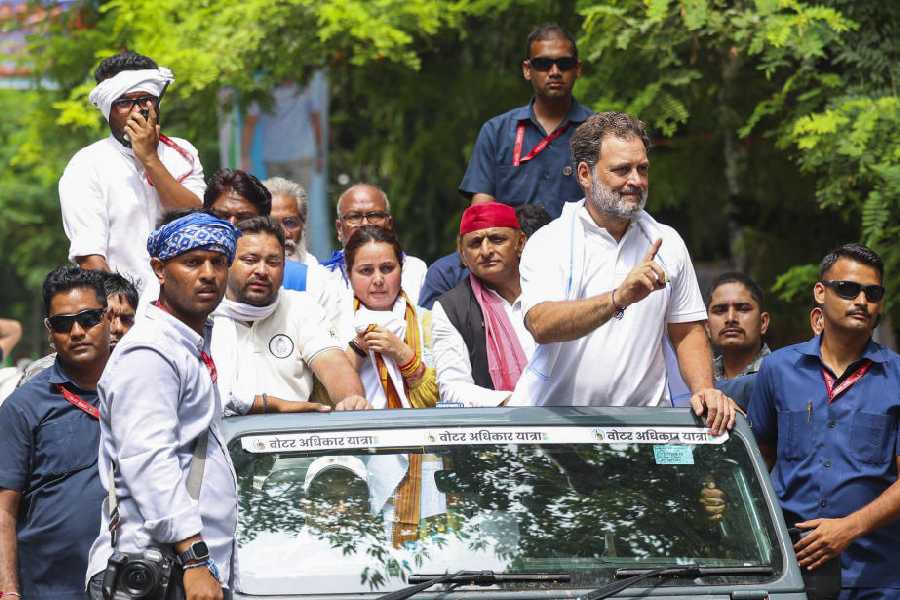 Lok Sabha and Congress leader Rahul Gandhi with Samajwadi Party President Akhilesh Yadav, RJD leaders Tejashwi Yadav and Rohini Acharya Yadav during the 'Voter Adhikar Yatra', in Saran district, Bihar on August 30.