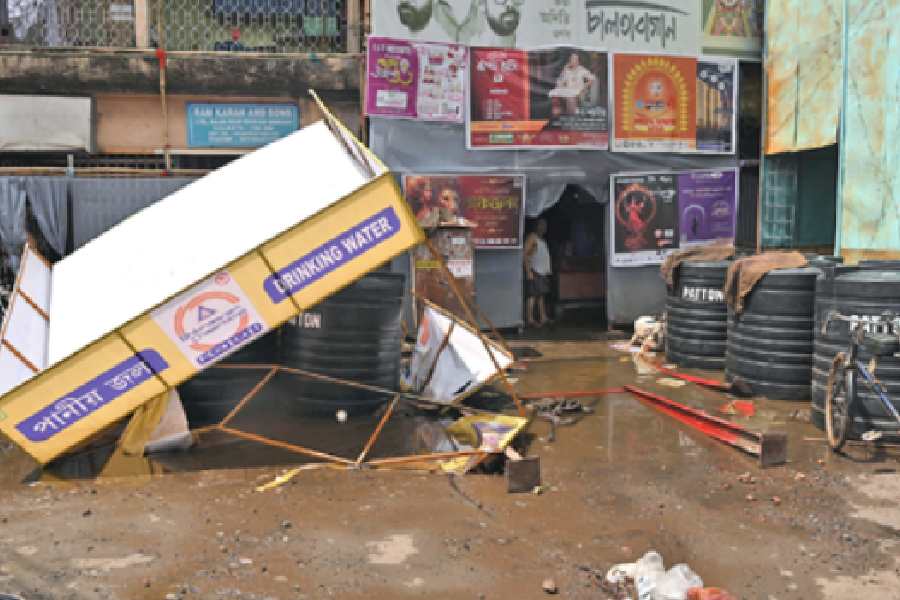 Damaged stalls at the Maniktala Chaltabagan puja on Wednesday