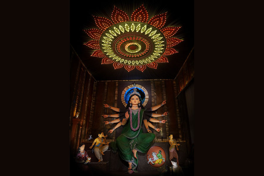 The south Kolkata puja, known for blending grandeur with imagination, has unveiled one of the tallest idols of the season, which is a 30-foot Durga that embodies the central idea of the theme