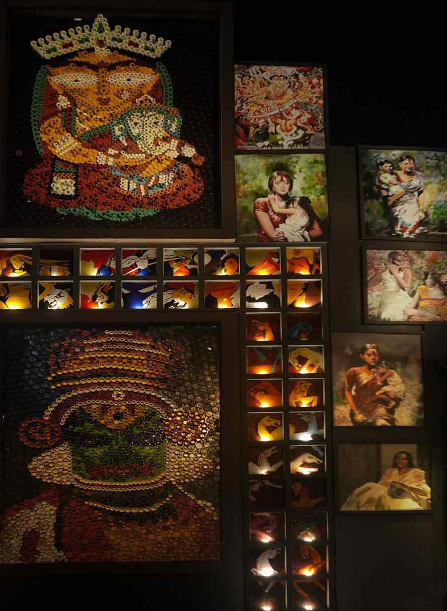 The towering Durga idol, painted in a striking palette, mirrors this vision. Every shade, from fiery reds to calming blues, has been used to narrate a story of courage, protest, love and hope