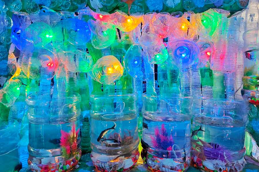 According to studies, at least 267 species of marine life face existential threats because of plastic waste. Nearly 86 per cent of sea turtles, alongside fish, birds and corals, are directly affected by plastic debris choking the oceans. Lalabagan Nabankur’s puja committee has chosen to bring this danger closer to home during the city’s biggest festival, using creativity to provoke awareness