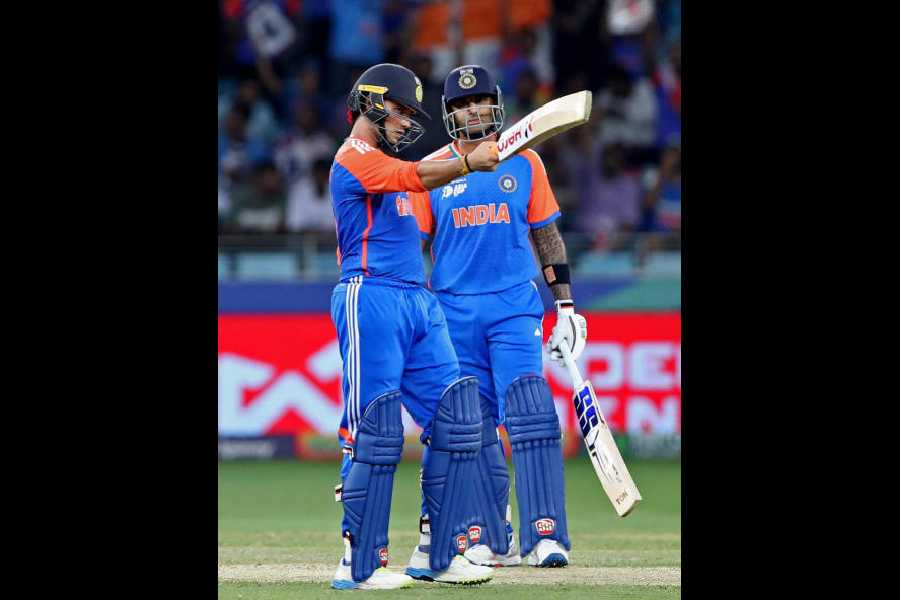 Abhishek Sharma celebrates after completing yet another half-century in the Asia Cup on Friday.