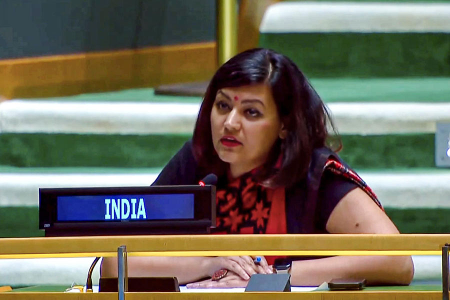 First Secretary in India’s Permanent Mission to the UN Petal Gahlot speaks as she delivers India’s Right of Reply in the UN General Assembly, in New York, Saturday, Sept. 27, 2025.
