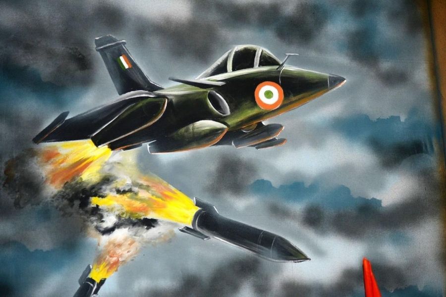 Murals of fighter jets and rockets
