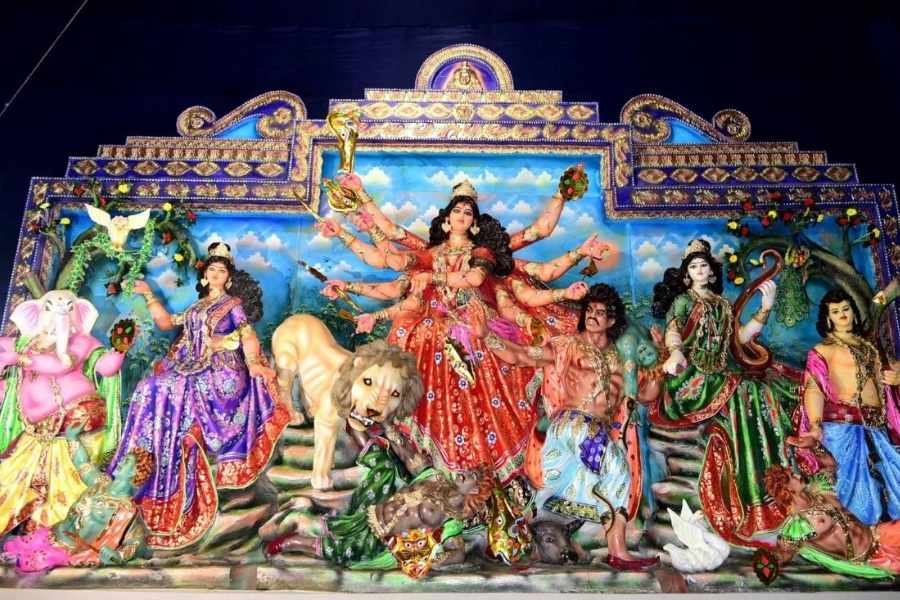 Sculptor Kushadhwaj Bera’s traditional Durga idol blends seamlessly with this modern military tribute.