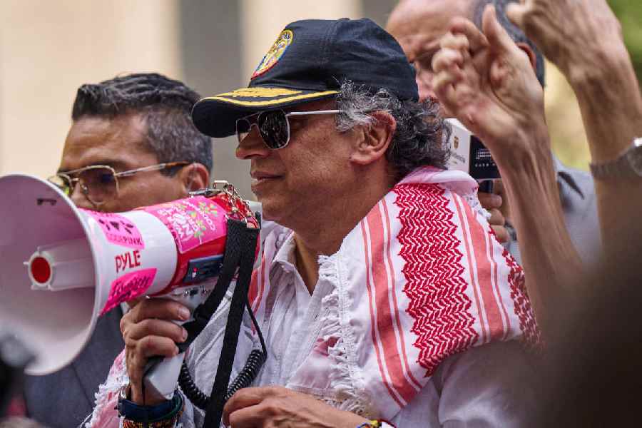 Colombian President Gustavo Petro addresses pro-Palestinian demonstrators at Dag Hammarskjold Plaza outside U.N. headquarters during the 80th United Nations General Assembly in New York City