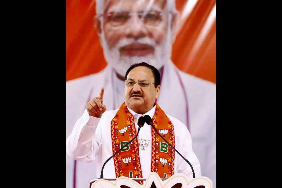 BJP National President JP Nadda addresses a public meeting for Lok Sabha elections, in Lormi, Chhattisgarh.