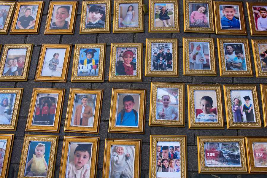 Photos of Palestinian children killed during the Israeli air and ground operations in the Gaza Strip are displayed during a pro-Palestinians protest, in Istanbul, Turkey, Saturday, Sept. 27, 2025.