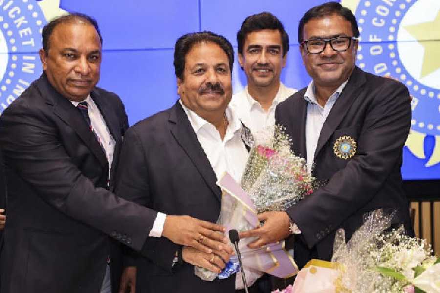 BCCI secretary Devajit Saikia (from left), vice-president Rajeev Shukla, president Mithun Manhas and IPL governing council member Mamon Majumdar during the AGM at the BCCI headquarters in Mumbai on Sunday.