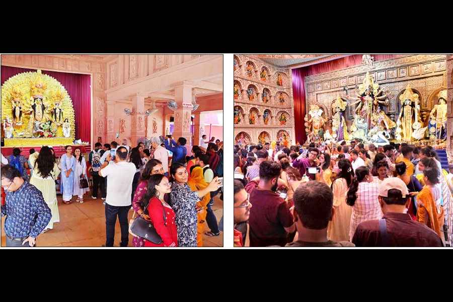 Pandal hoppers at the Maddox Square and (right) Ekdalia pujas on Sashthi.