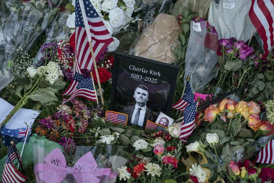 A makeshift memorial for Charlie Kirk on the Utah Valley University campus.