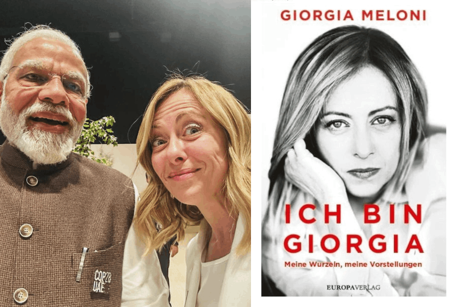 PM Narendra Modi with Giorgia Meloni (left), Italian PM’s autobiography (right)