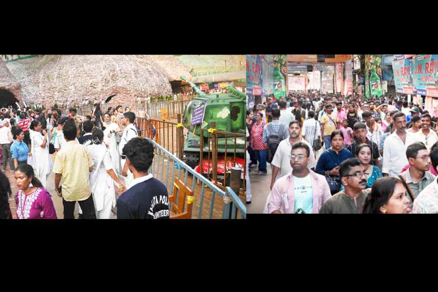 The crowded Santosh Mitra Square puja on Monday afternoon.