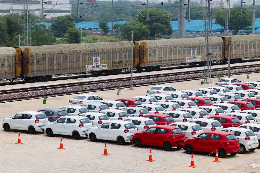 Maruti Suzuki Celerio cars are parked beside an in-plant railway siding at Maruti Suzuki\\\'s plant in Manesar, Haryana, India, June 17, 2025.
