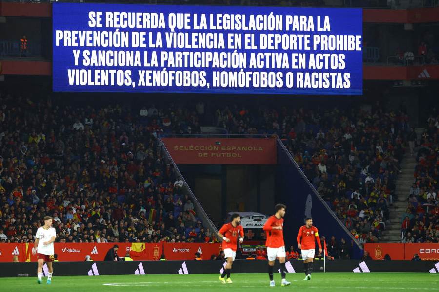 A big screen displays a anti discrimination message inside the stadium during the match at RCDE Stadium, Cornella de Llobregat, Spain.