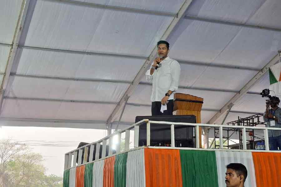 Abhishek Banerjee addresses a public meeting in Falakata on Wednesday.