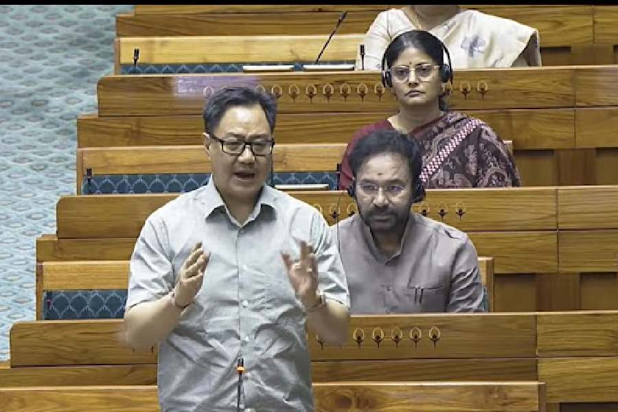 Kiren Rijiju speaks in the Lok Sabha on Wednesday. (Sansad TV via PTI)