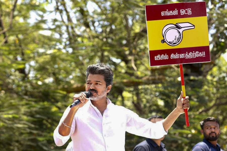 In this image posted on April 2, 2026, Tamilaga Vettri Kazhagam (TVK) chief and candidate from the Tiruchirappalli East constituency, Vijay, during a roadshow en route to filing his nomination for Tamil Nadu Assembly elections, in Tiruchirappalli.