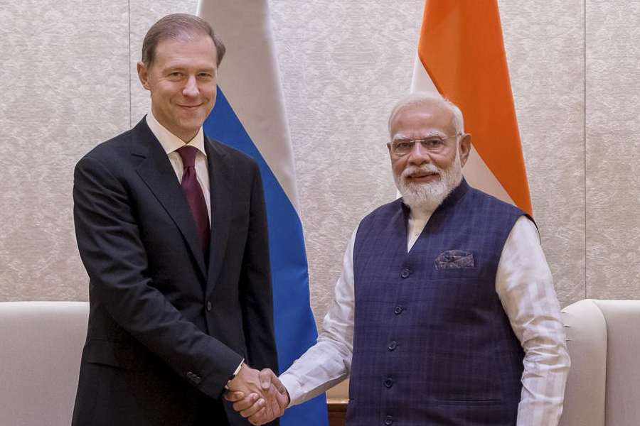In this image posted on April 2, 2026, Prime Minister Narendra Modi with Russia First Deputy Chairman Denis Manturov during a meeting, in New Delhi.