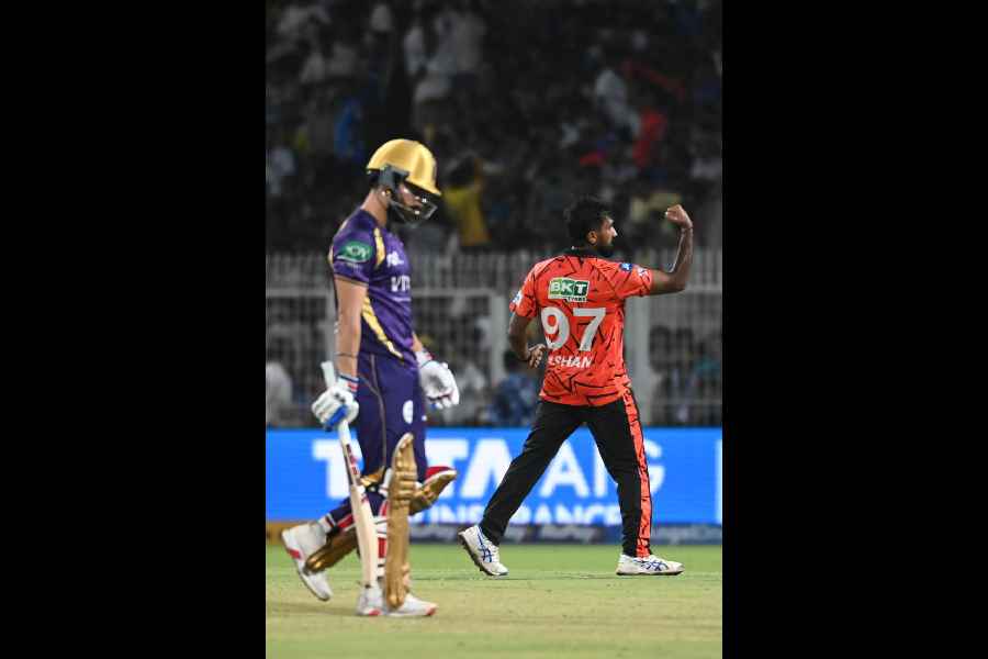 Sunrisers Hyderabad’s Impact Player Eshan Malinga celebrates on the fall of another Kolkata Knight Riders’ wicket at the Eden on Thursday. The three-time champions losttheir first home game of the season by 65 runs.