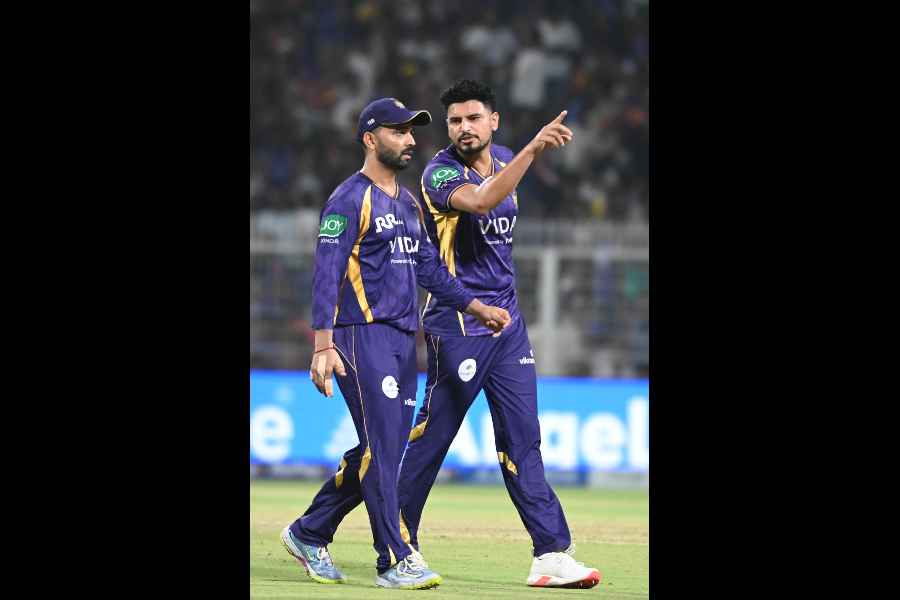 Skipper Ajinkya Rahane with Vaibhav Arora (right) during the match.