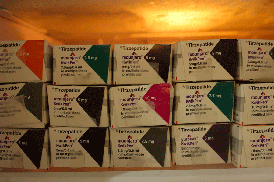 Different doses of the Mounjaro injection used for weight loss procedures inside a refrigerator at a clinic in Mumbai