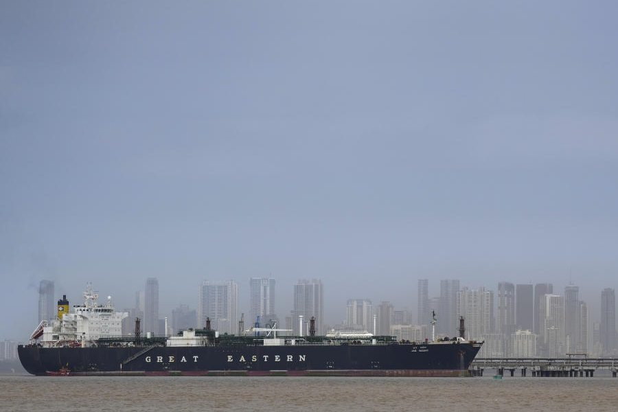 Indian tanker 'Jag Vasant', owned by Great Eastern Shipping Company Ltd, after clearing the Strait of Hormuz, is seen anchored at the liquefied petroleum gas (LPG) discharge terminal, in Mumbai, Wednesday, April 1, 2026.