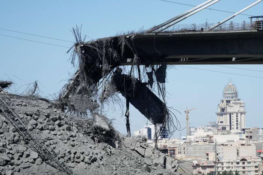 A newly constructed bridge struck by US airstrikes Thursday is seen in Karaj, west of Tehran, Iran, Friday, April 3, 2026.