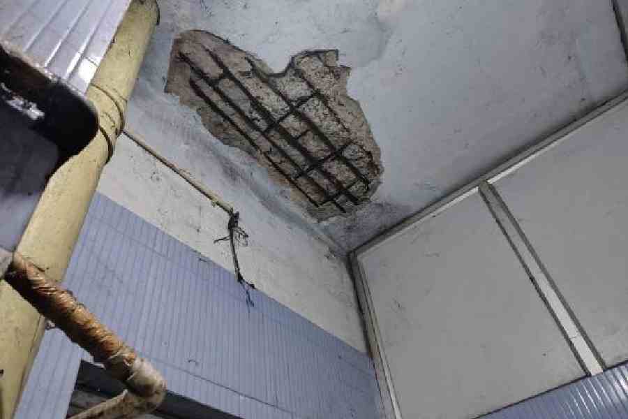 The portion of the ceiling of the critical care unit at NRS Medical College and Hospital from where the concrete chunk fell