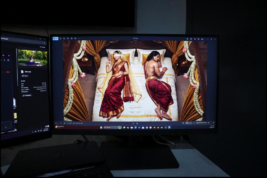 Gandhari and Dhritarashtra, characters from AI-generated series "Mahabharat", are seen on a computer inside the AI production studio of Galleri5, the tech studio arm of Collective Artists Network, in Bengaluru, India, March 26, 2026.