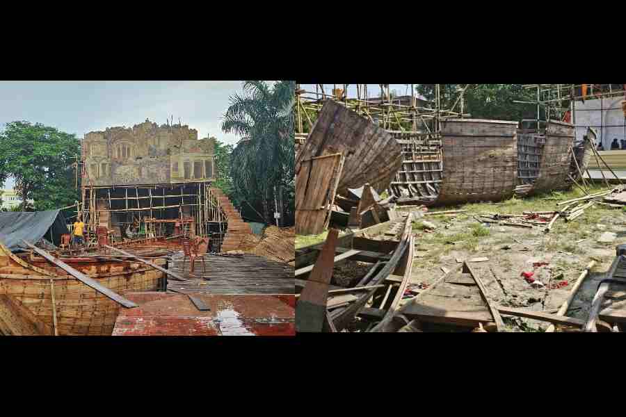 LAND ROCKED: The betnai boat being built on site at the Ultadanga Bidhan Sangha pandal in 2024.