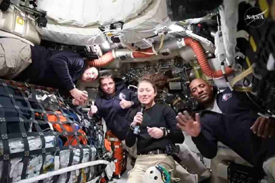 NASA Artemis II crew members Jeremy Hansen, Reid Wiseman, Christina Koch, and Victor Glover answer questions from reporters during the first downlink event of their mission April 2, 2026.