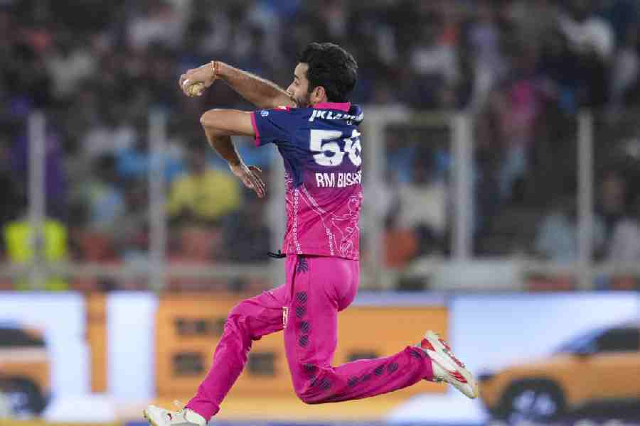 Rajasthan Royals' Ravi Bishnoi bowls a delivery during an Indian Premier League (IPL) 2026 T20 cricket match between Gujarat Titans and Rajasthan Royals, in Ahmedabad, Gujarat, Saturday, April 4, 2026.