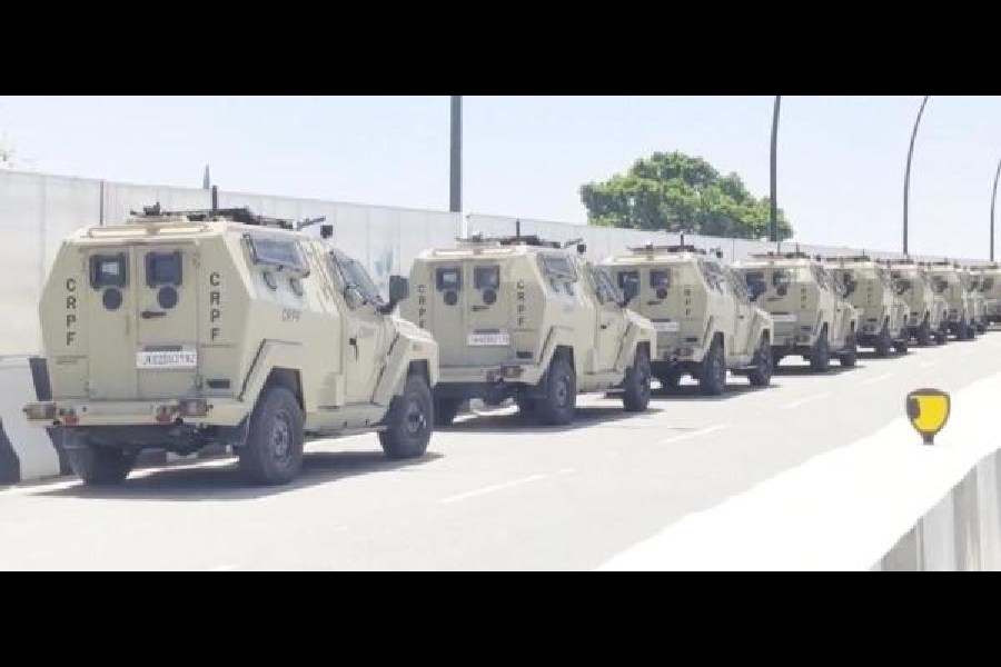 Armoured CRPF vehicles parked on a roadside in Ayodhya on Sunday.