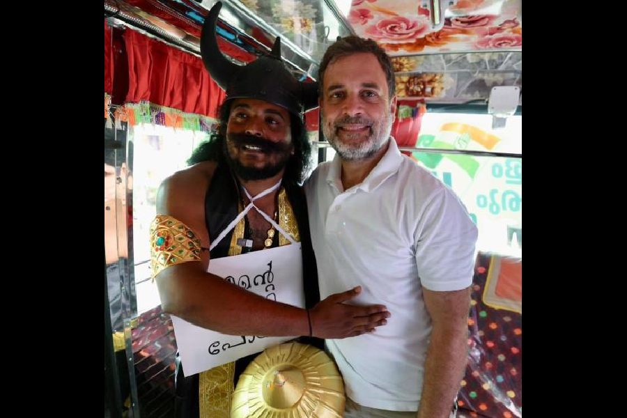 Rahul Gandhi with a man dressed as Yamraj