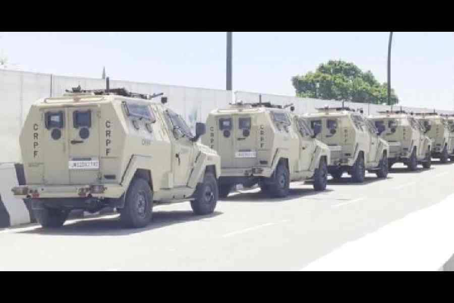 Armoured CRPF vehicles parked on a roadside in Ayodhya on Sunday.