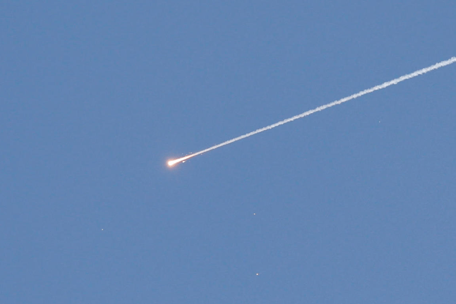 A projectile launched from Iran heads towards Israel, amid the U.S.-Israeli conflict with Iran, as seen from Ramallah, in the Israeli-occupied West Bank, April 6, 2026.