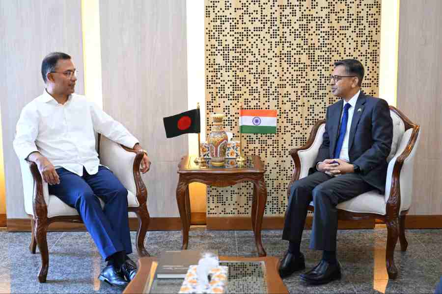 Indian High Commissioner Pranay Verma (R) pays a courtesy call on Bangladesh Prime Minister Tarique Rahman, in Dhaka on April 6, 2026.