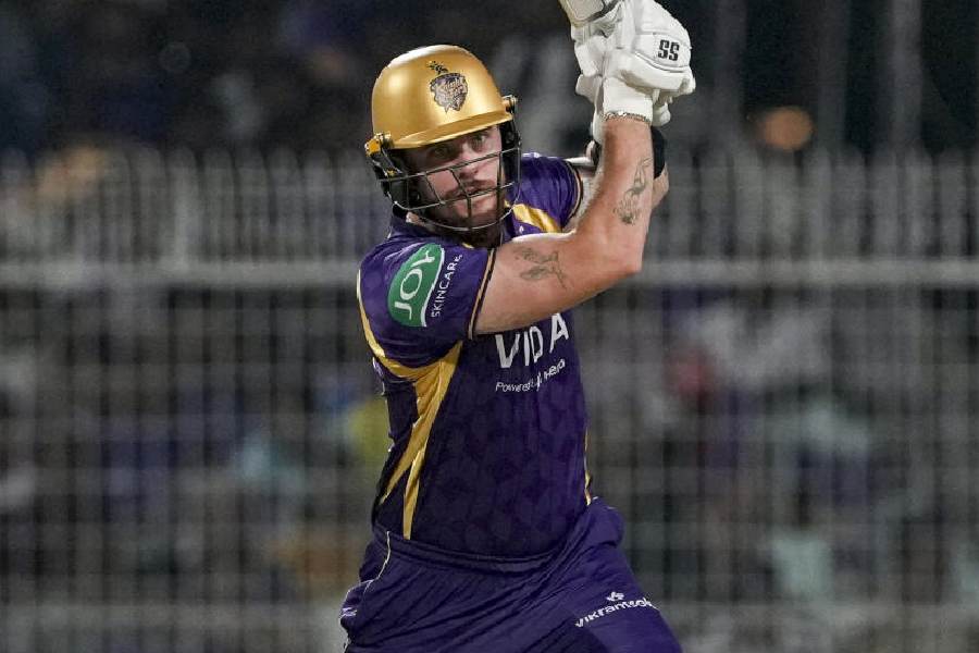 Kolkata Knight Riders' Finn Allen plays a shot during an Indian Premier League (IPL) 2026 cricket match between Kolkata Knight Riders and Punjab Kings at Eden Gardens, in Kolkata, Monday, April 6, 2026.