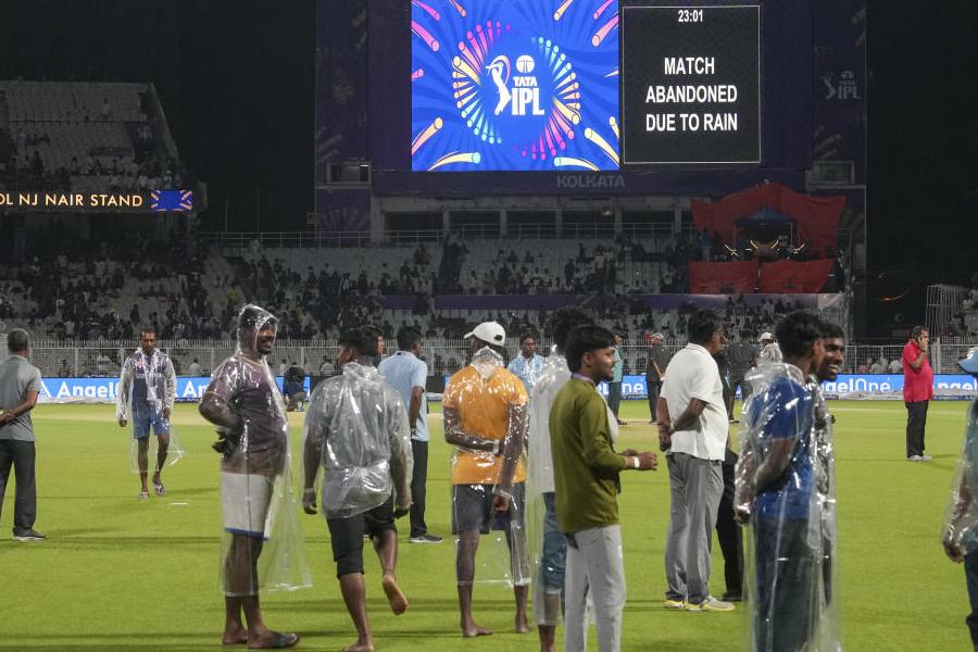 A display screen shows match abandoned due to wet outfield after rain interruption during an Indian Premier League (IPL) T20 cricket match between Kolkata Knight Riders and Punjab Kings at Eden Gardens, in Kolkata, Monday, April 6, 2026.