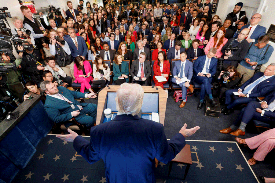 U.S. President Donald Trump gestures as he answers questions from the media during a press conference in the James S. Brady Press Briefing Room at the White House in Washington, D.C., U.S., April 6, 2026.