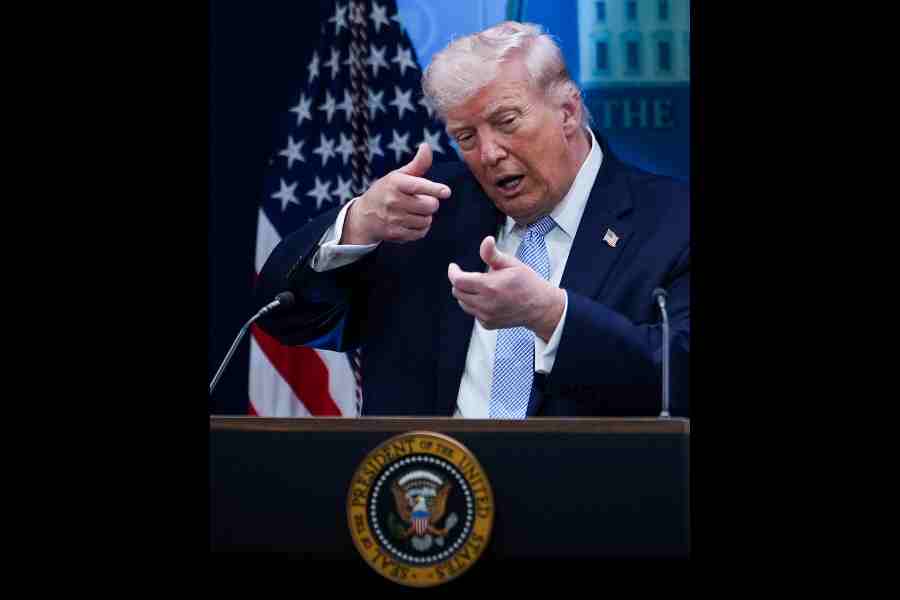 President Donald Trump speaks with reporters in the James Brady Press Briefing Room at the White House, Monday, April 6, 2026, in Washington.