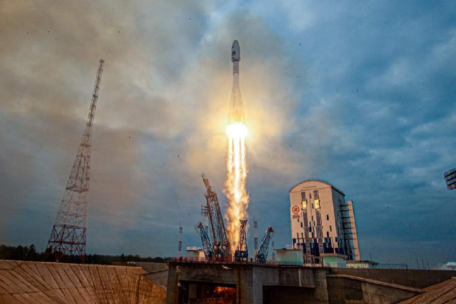 A Soyuz-2.1b rocket booster with a Fregat upper stage and the lunar landing spacecraft Luna-25 blasts off from a launchpad at the Vostochny Cosmodrome in the far eastern Amur region, Russia, August 11, 2023.