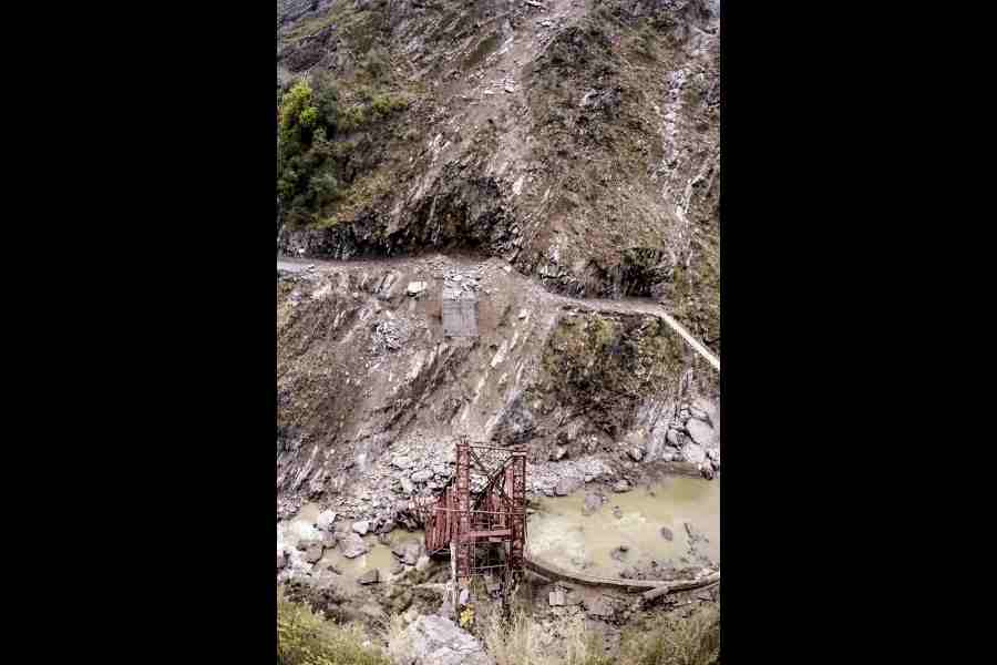 Remains of the under-construction Siyur Bridge over the Ravi River after it was washed away by a landslide on the Holi-Bharmour road, in Chamba district of Himachal Pradesh, Tuesday, April 7, 2026.