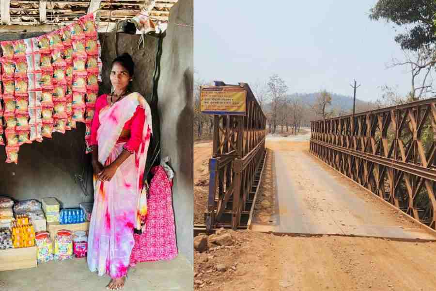 Gangi Muchaki at her grocery shop in Gogunda (left); One of the bridges in Puvarti village that has been built by the Border Roads Organisation