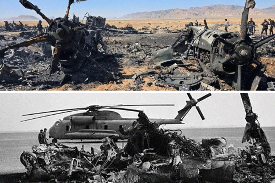 WRECKAGE RECALL: Aftermath of the US mission to ostensibly recsue a colonel this week (top), and Operation Eagle Claw, 1980