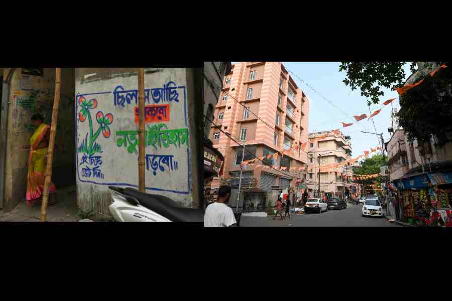 Graffiti in north Calcutta; (right) political party flags in south Calcutta.